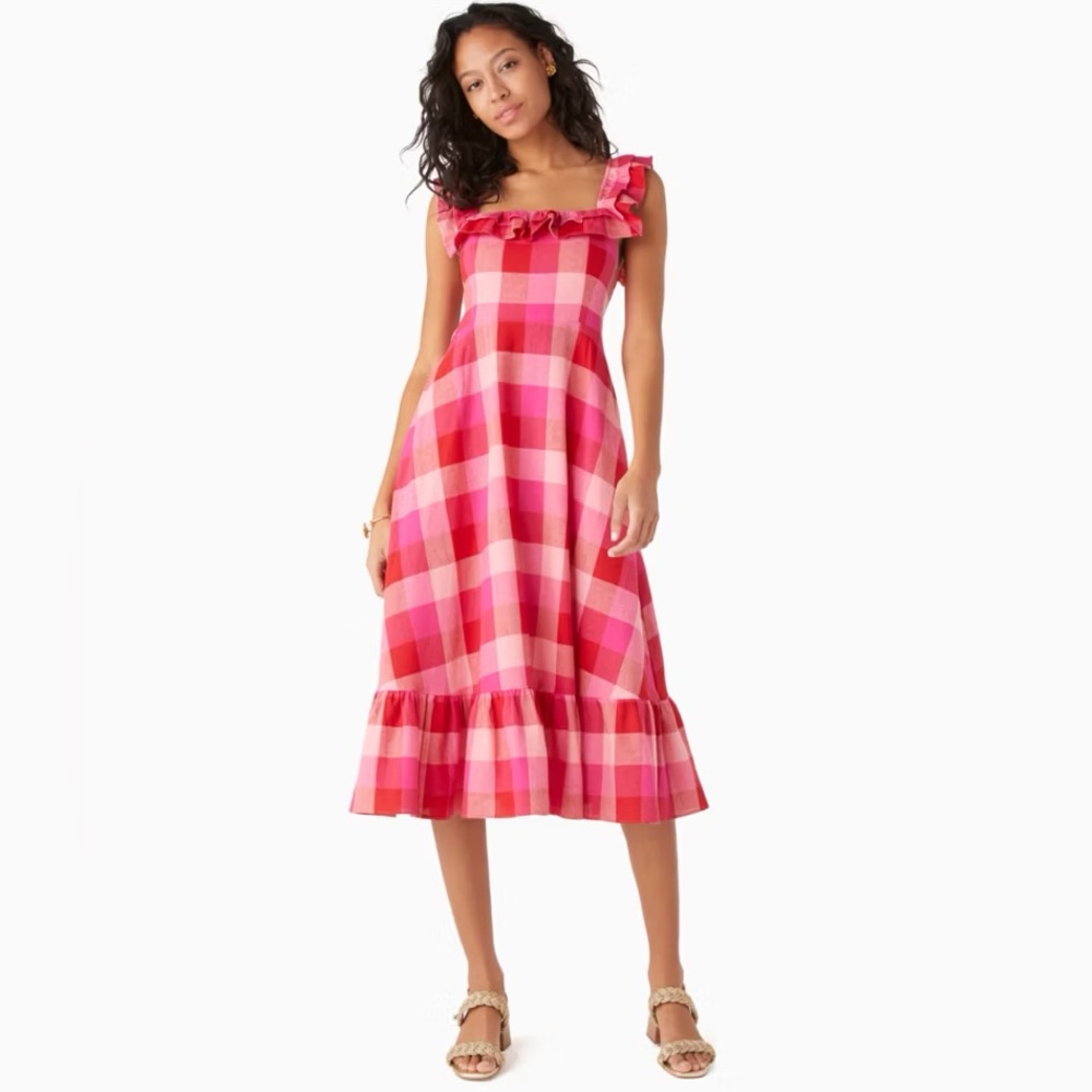 KATE SPADE Picnic Woven Ruffle Midi Dress | Gingham Cottagecore Coquette Size S